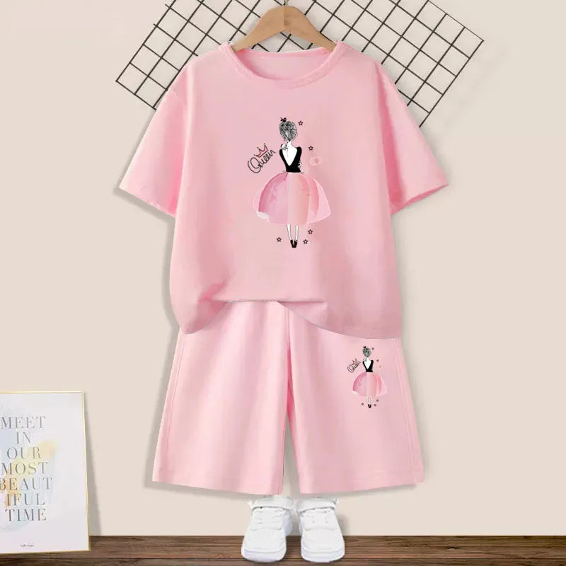 2024 Summer Girls Cotton Clothing Sets Kids Cute Cartoon Butterfly High Heel T-shirt +Shorts 2Pce Suits Childrens Tracksuits
