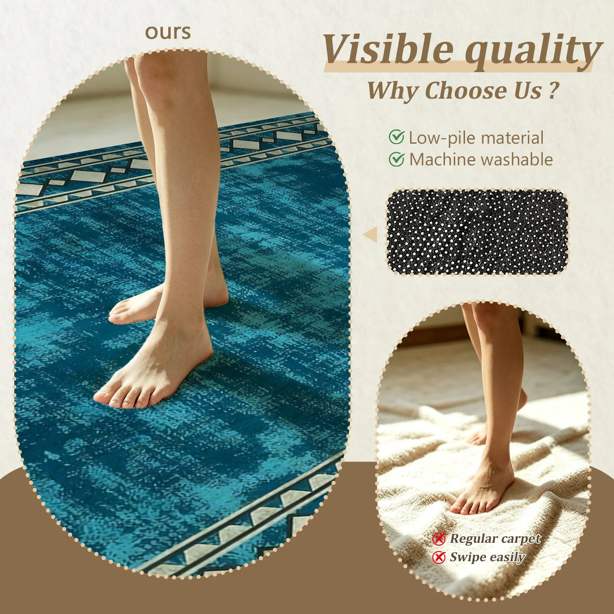 Large Indoor Area Rug, Soft Velvet Low Pile with Non-Slip Dotted Backing, Machine Washable Teal Tribal Geometric Border Rug for Living Room and Bedroom