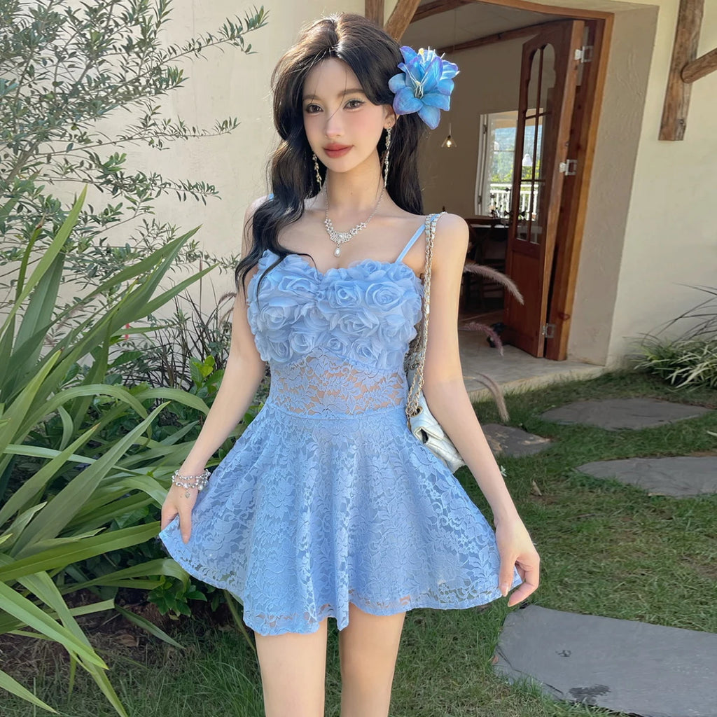 Sexy 3D Flower Lace Backless Vest Dress High Waist Slimming Embroidery Short Skirt Style Casual A-Line Silhouette V-Neck Dress