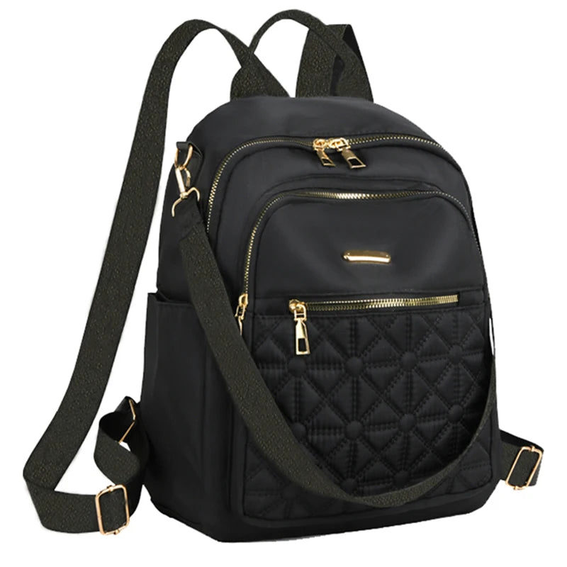 Elegant Quilted Nylon Women Backpack Gold Hardware Rucksack Multi‑slot Shoulder Bag For Casual Shopping Travel Activities