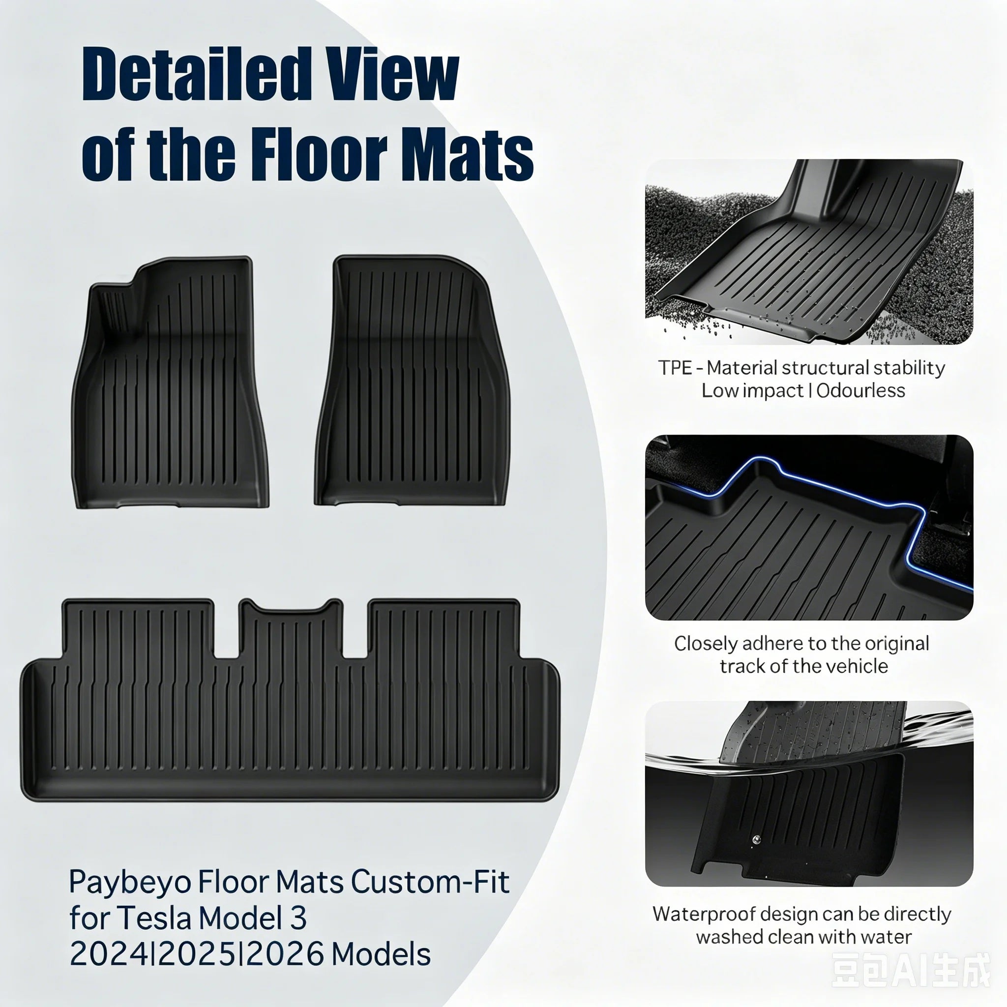 Custom Fit TPE All-Weather Car Floor Mats for Tesla Model 3 2024-2026 Waterproof Anti-Slip Full Set 7PCS Interior Accessories