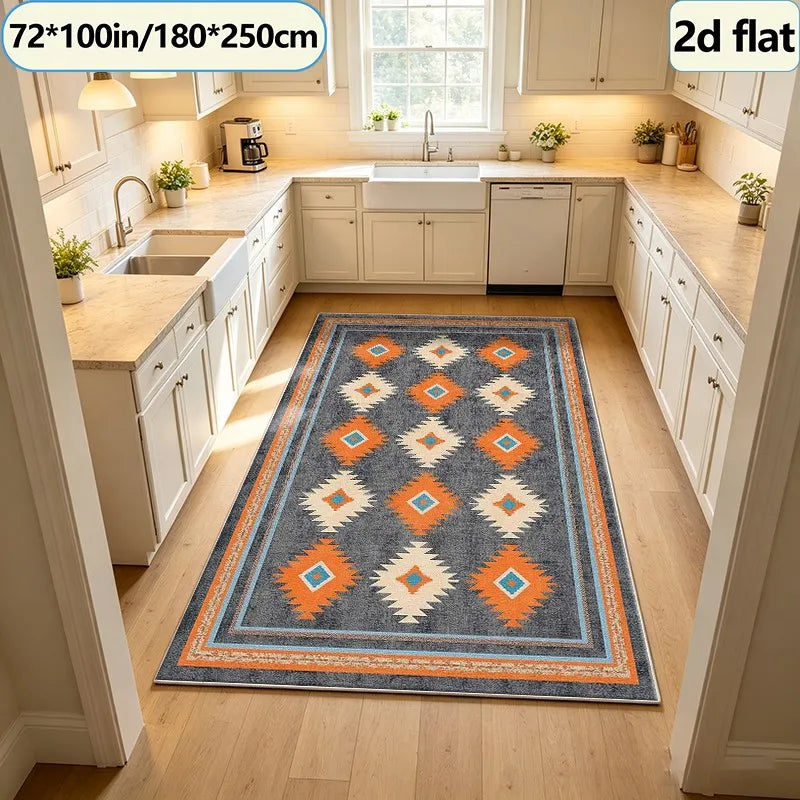 Bohemian Style Southwest Ethnic Style Diamond Geometric Pattern Carpet Square Rug Non-Slip Washable Floor Mat Suitable for Living Room Camping Home