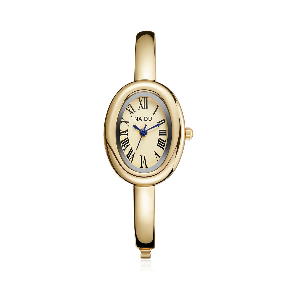 NAIDU Elegant Oval Bangle Watch For Women Roman Numeral Dial Gold Silver Cuff Strap Waterproof Quartz Wristwatch Reloj Mujer