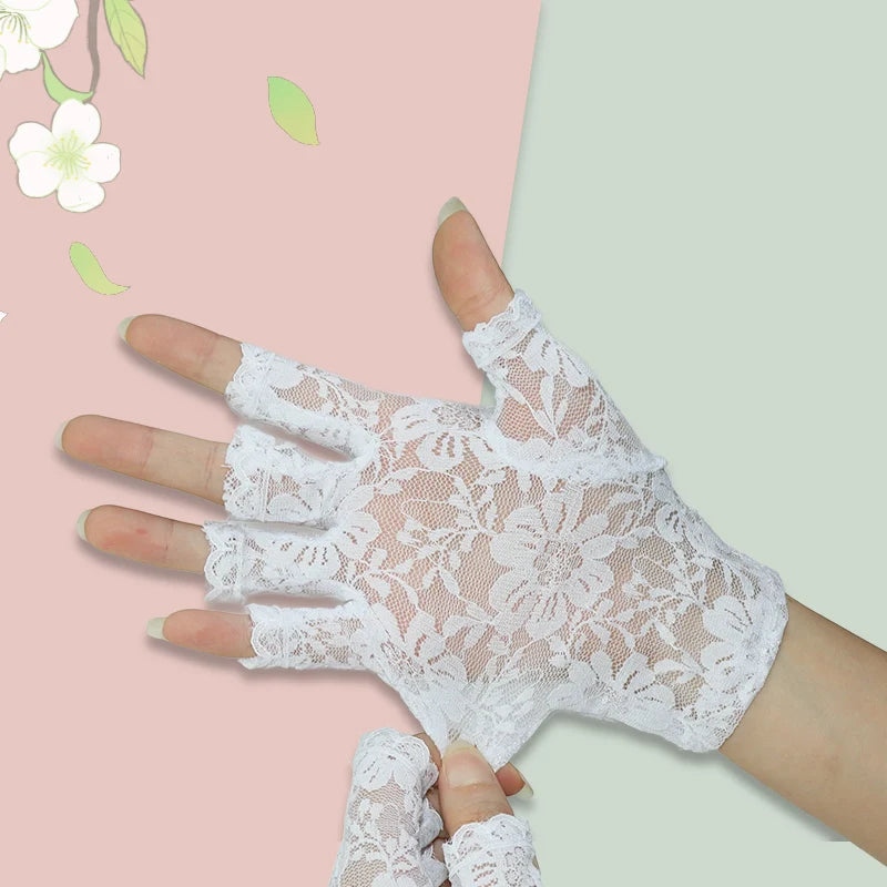 Spring/Summer Women's Thin Lace Flower Gloves Breathable Half Finger Exposed Finger Driving Touchscreen Scar Covering Bridal Glo