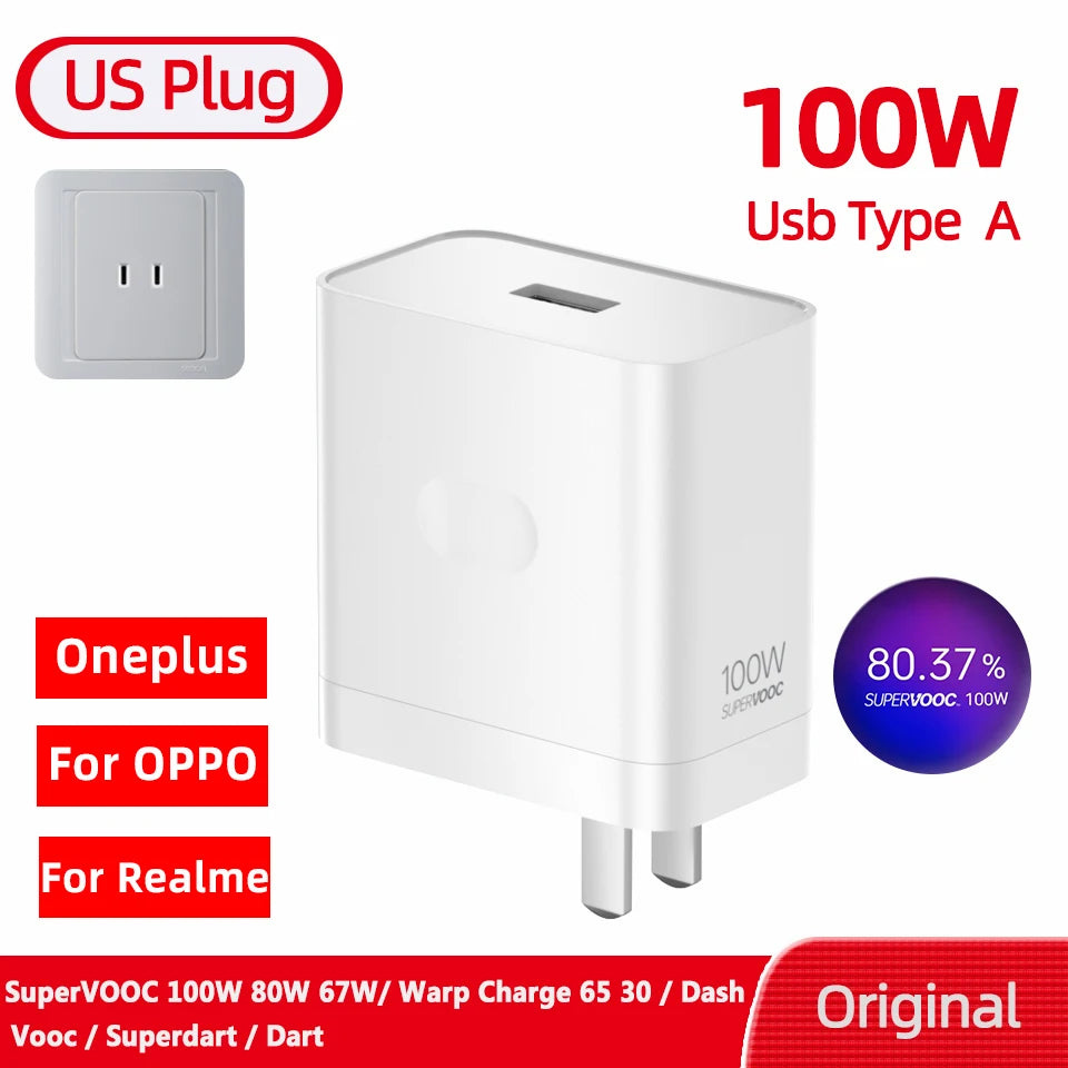 Original Oneplus Charger SuperVOOC 100W Type-A Power Adapter EU 80W Super Fast Type C Cable One Plus 13 12 11 10 Pro Nord CE 3 5