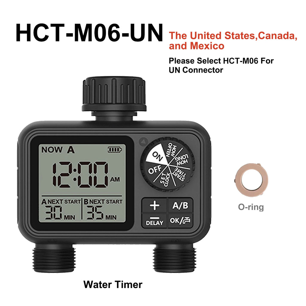 HCT-M06 Eshico 2-Zone Water Timer Automatic/Manual Sprinkler Digital Knob Set Quick Connector Smart Rain Delay Independent Water