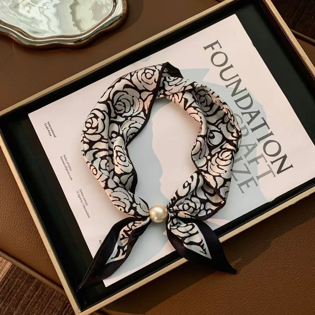Korean Style Elegant Pearl Magnetic Scarf Women Summer Versatile Breathable Neckerchief Fashion Accessory Neck Wrap Scarves