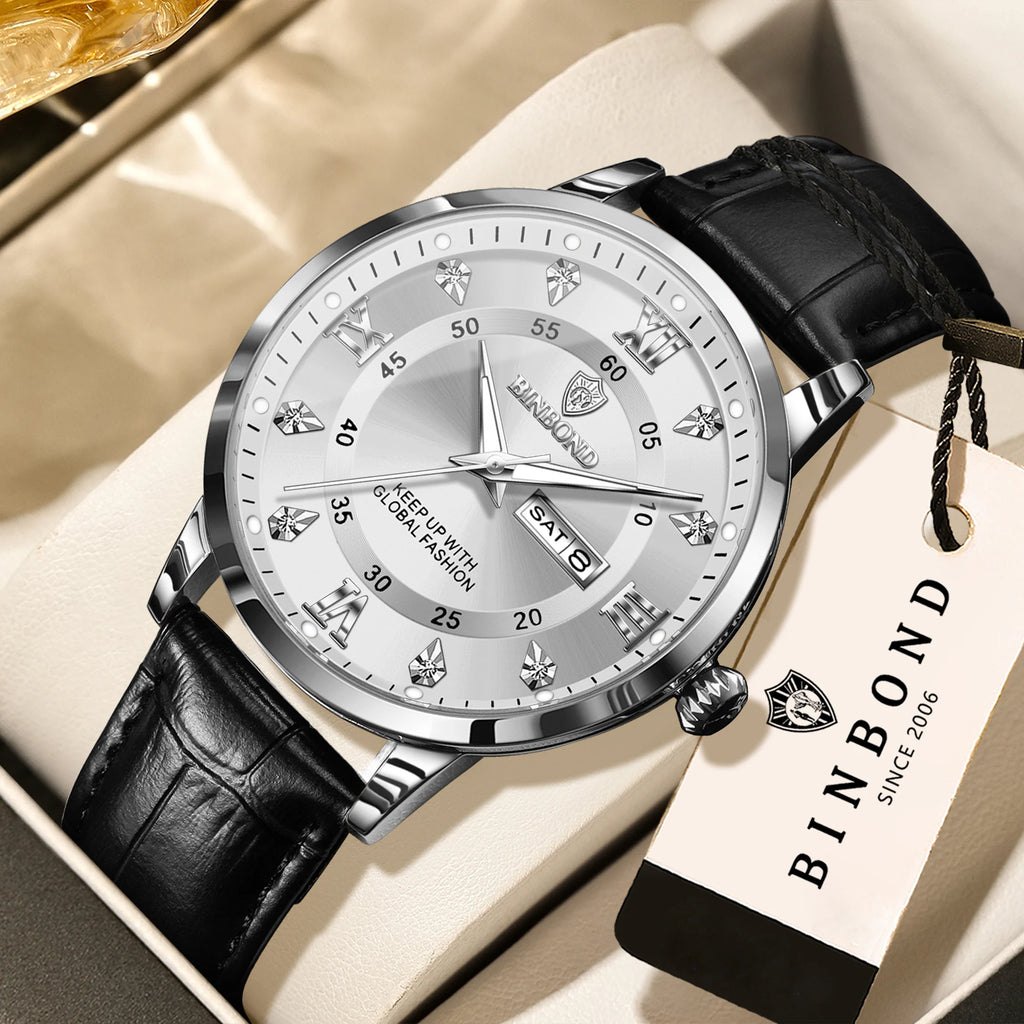 BINBOND quartz watches for men luxury sturdy luminous waterproof auto date week display accurate men's watch business reloj