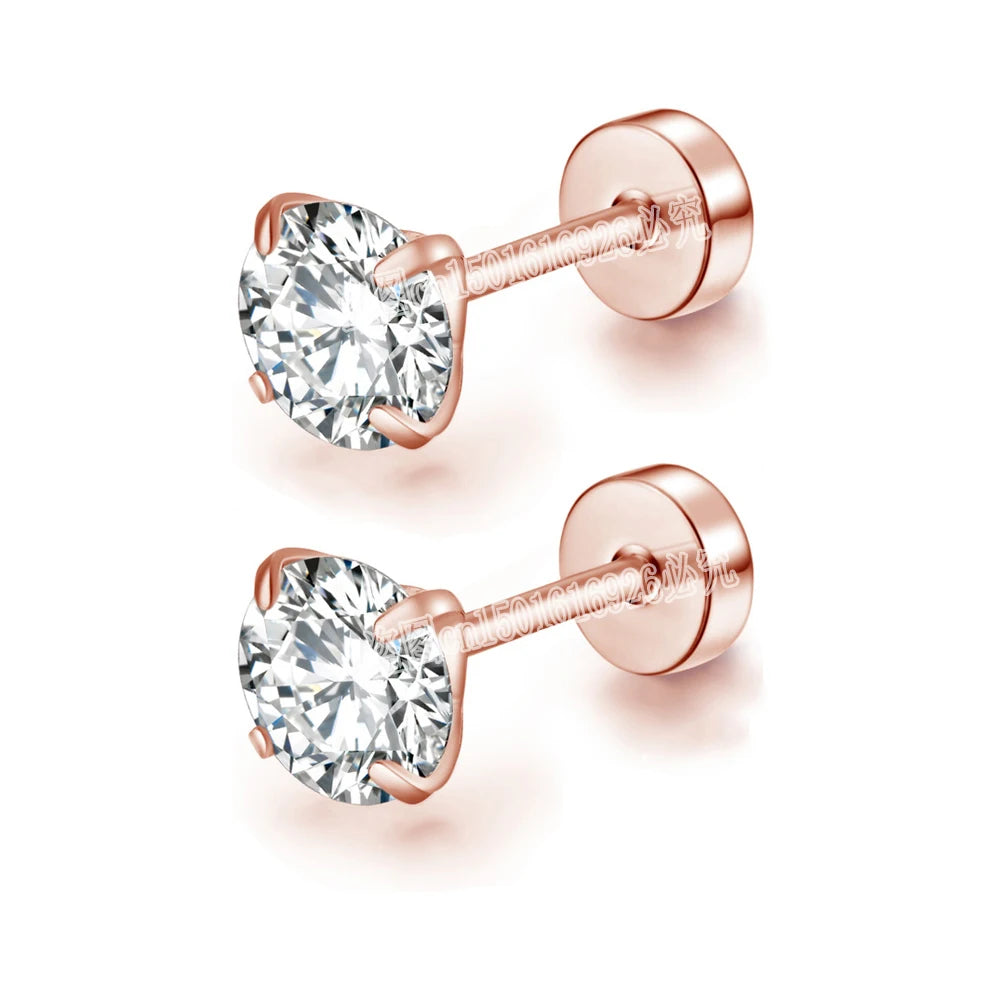 XUBCHC Stainless Steel Round Cubic Zirconia Ear Piercing For Women Men CZ Shiny Silver Color Stud Earrings Black Body Jewelry