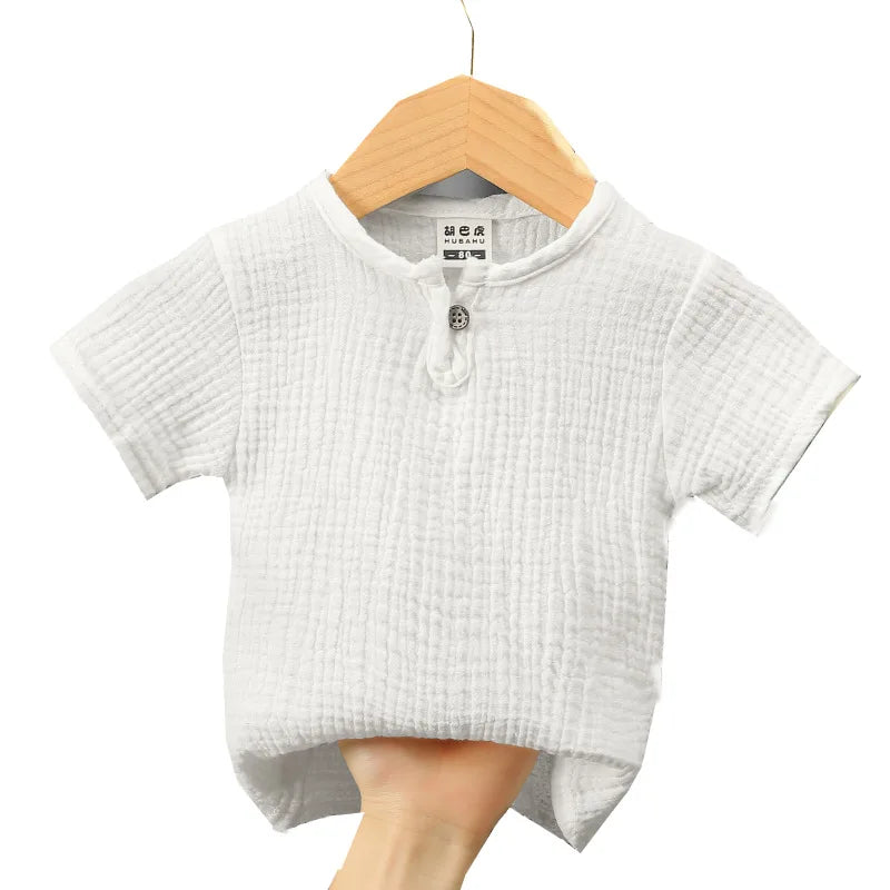 children t shirts fashion linen pleated boys t shirt children t-shirt 2025 summer baby boys girls t-shirt children clothes kids