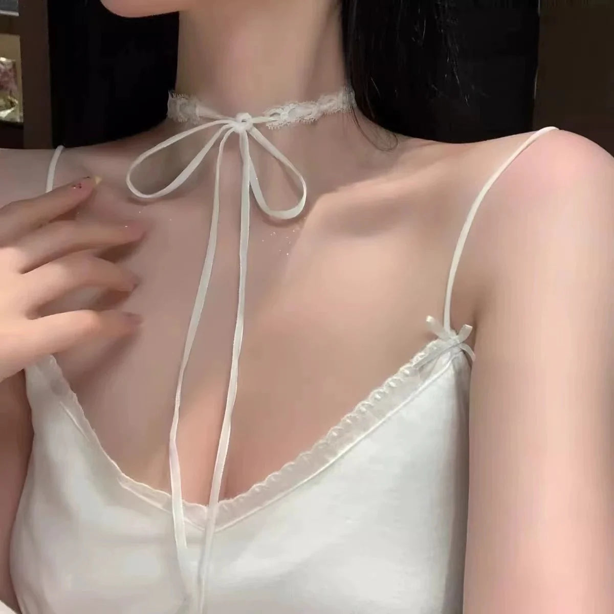 Black White Lace Bow Choker Necklaces for Women Gothic Dark Bow Strap Sweet Sexy Collar Necklace Party Female Jewelry Harajuku