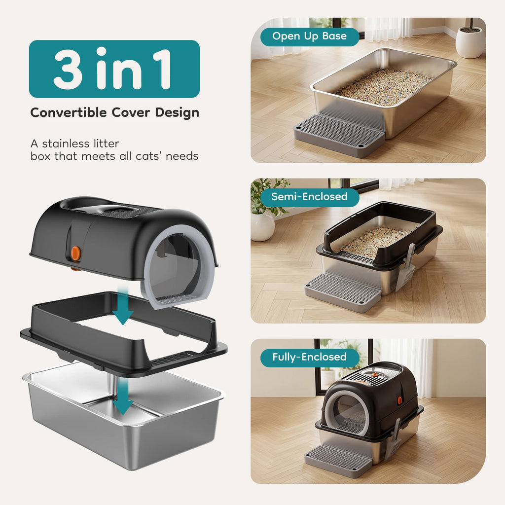 JHK 24IN Stainless Steel Cat Litter Box with Fully Enclosed 30L Large Cat Litter Box for Big Cats Cat Box Scoop and Mat Included
