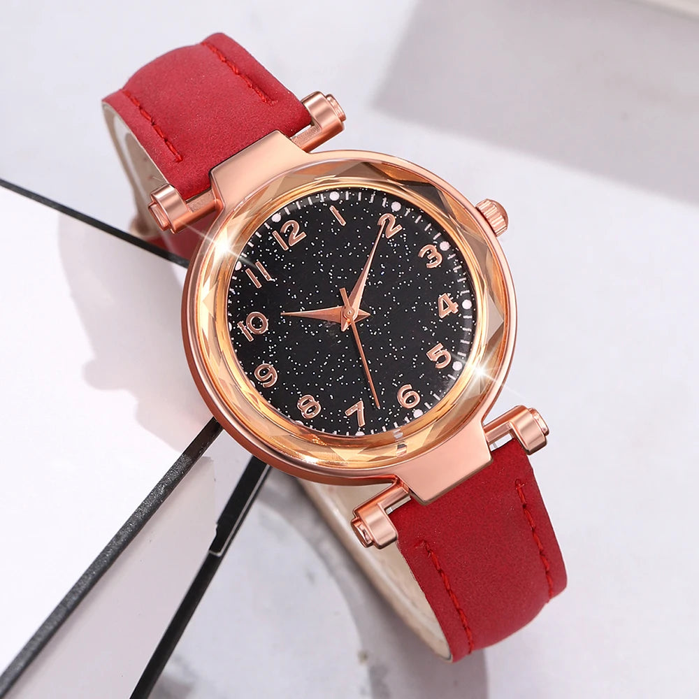 5/6 PCS/Set Red Women's Watch With Minimalist Elements Dial Quartz Watch Latex Strap Cherry Elements Jewelry Set Girl's Gift
