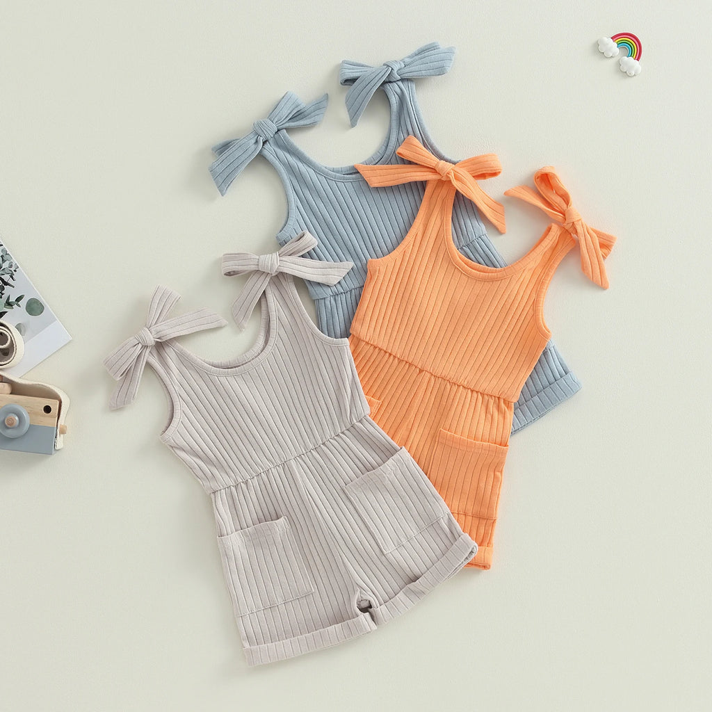 Pudcoco Toddler Kids Baby Girls Sleeveless Romper Solid Color Ribbed Bodysuit Summer Clothes with Pockets 6M-4T