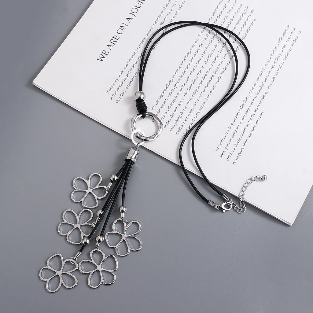 Amorcome Big Silver Color Heart Pendant Long Leather Necklace Boho Women Statement Ethnic Jewelry Lariat Necklace Mujer Collares