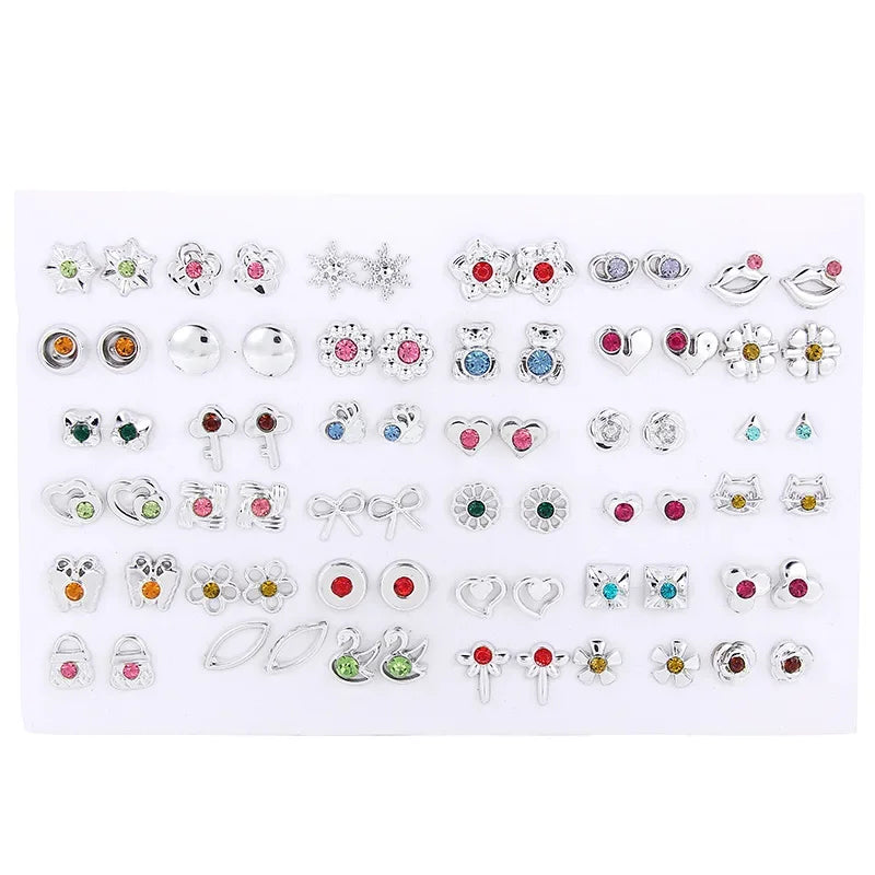 36pairs/set Silver Color Flower Stud Earring Set For Women Girl Crystal Bear Animals Earrings Jewelry Gift Mix Styles