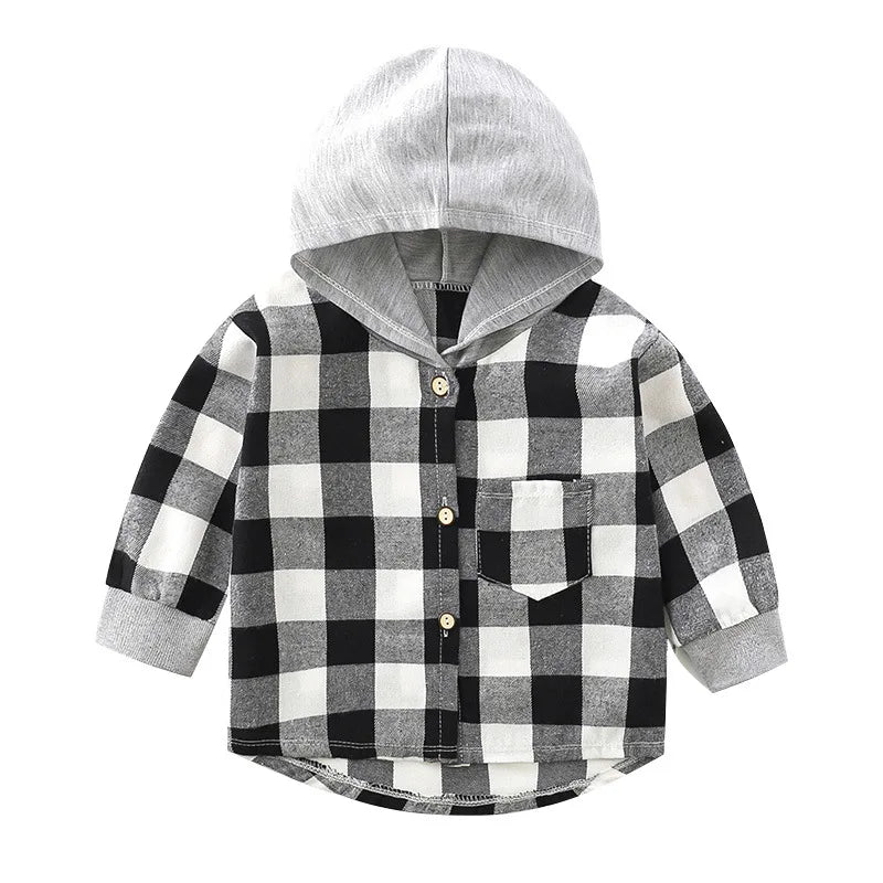 Children Shirts Girls and Boys Hooded Shirts Kids Combed Cotton Plaid Tops Spring and Autumn Long-Sleeved V-Neck Casual Coat