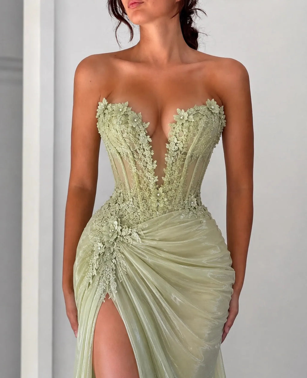 Mila Custom Sage Green Strapless Deep V Neck 3D Floral Sheer Corset High Slit Prom Dress Long Train Formal Evening Party Gown