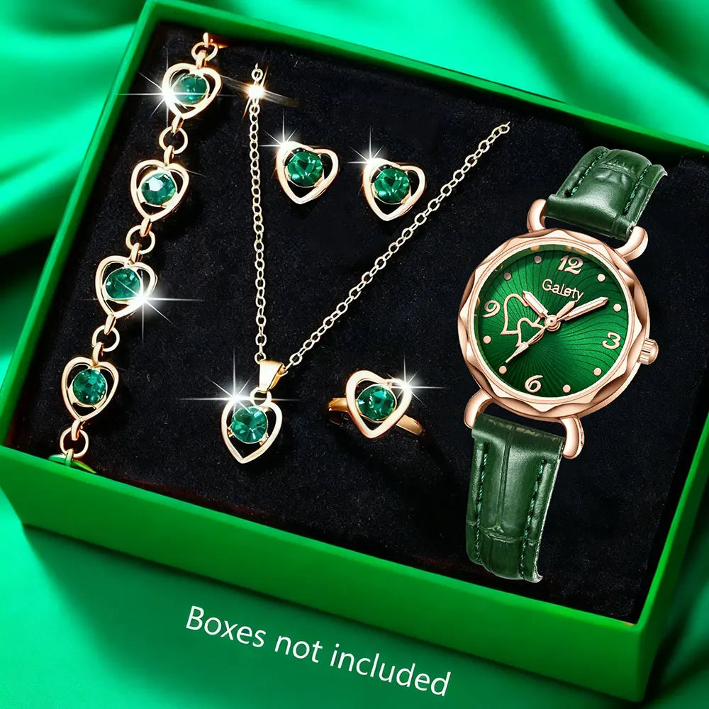 Women Fashion Watches Heart Rhinestone Ring Necklace Earring Jewelry Set Luxury Dress Quartz WristWatch Simple Elegant Watch Gif