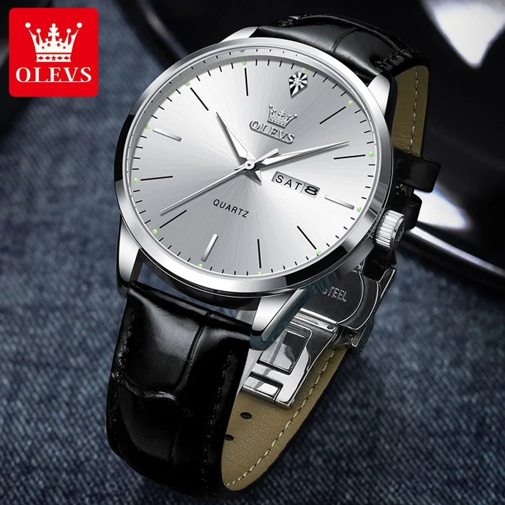 OLEVS 2935 Fashion Business Brand Men Watches Leather Strap Trend Week Calendar Quartz Watch Luminous Waterproof 43mm Dial