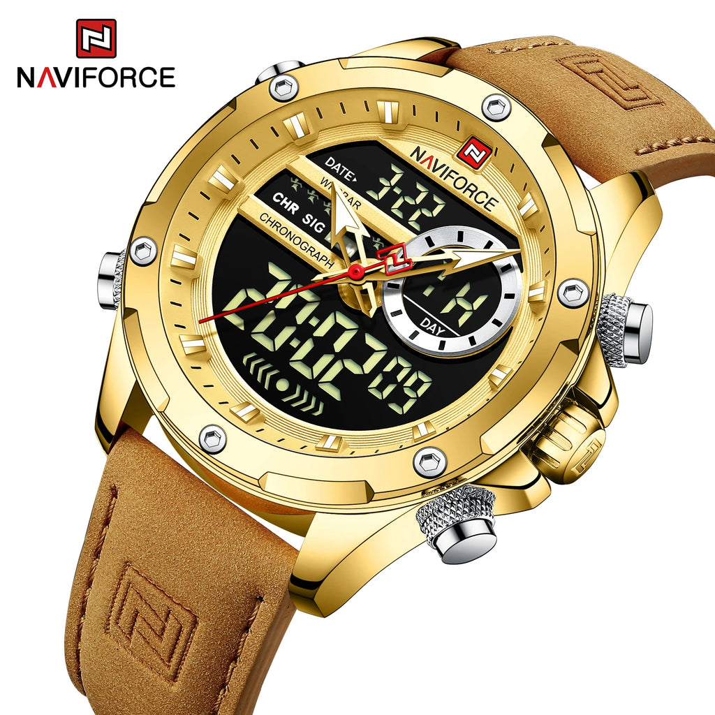 NAVIFORCE Luxury Original Watches For Men Casual Sport Chronograph Alarm Quartz WristWatch Leather Waterproof Digital Clock 9163