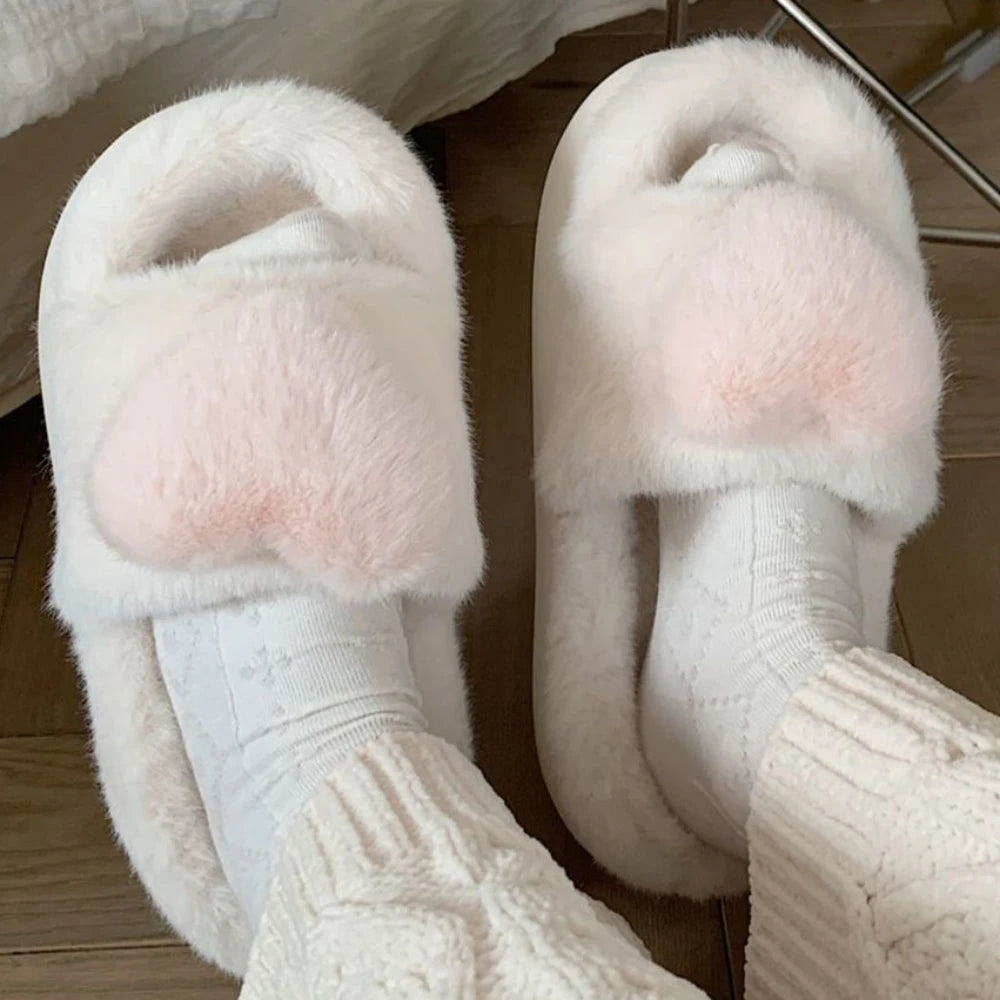 Three-dimensional Love Single Band Winter New Women Slipper Soft Heel Platform Warm Indoor Comfortable Home Fluffy Home Slippers