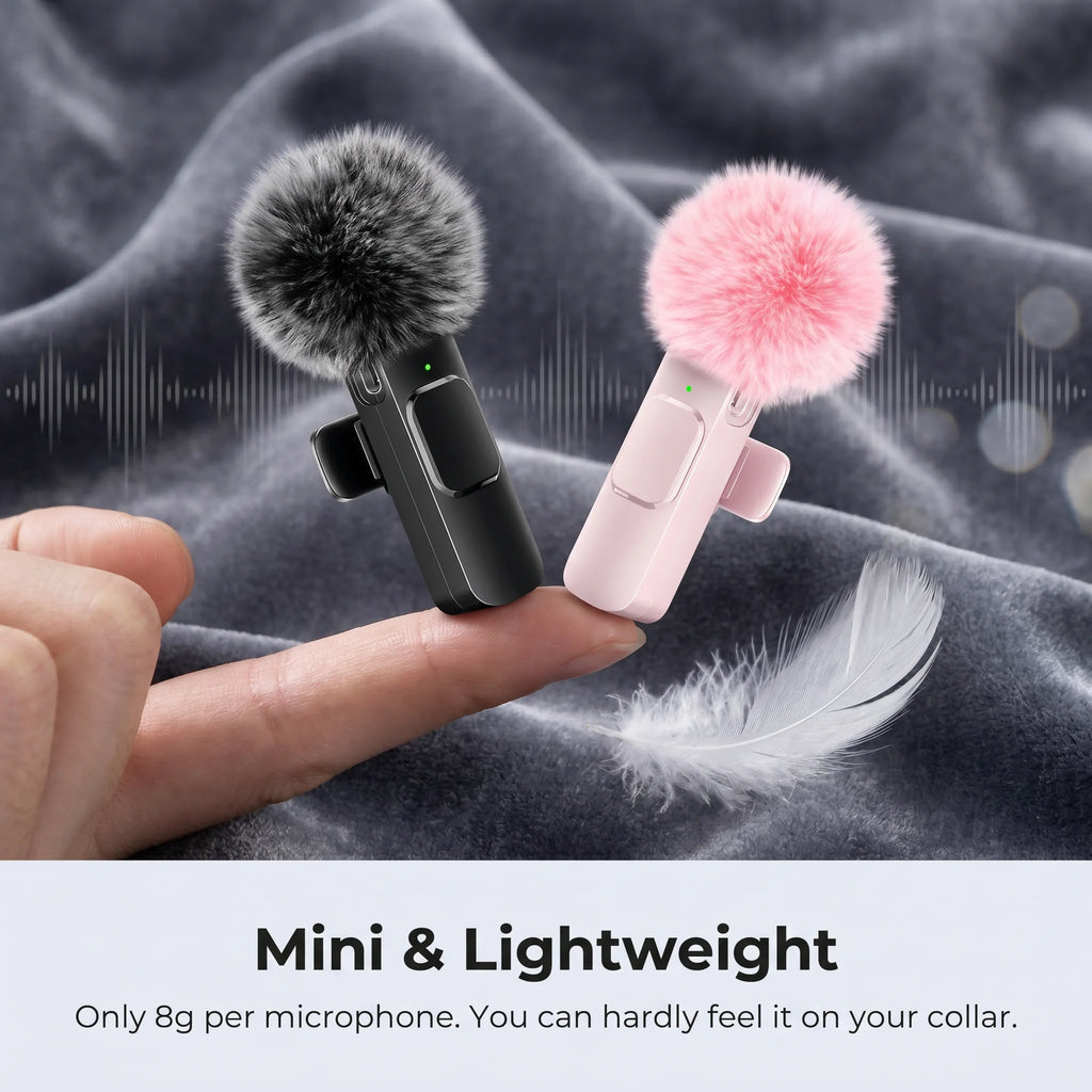 Wireless Lavalier Microphone with Furry Windscreen, Type-C&Lightning Adapter, Mini Clip Mic, Android, iPhone, Tablets, Laptops