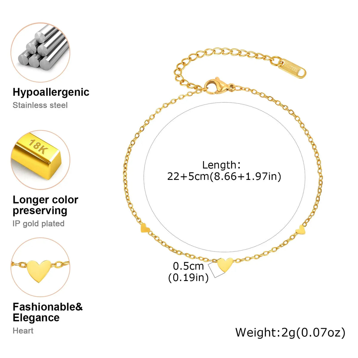 Stainless Steel Heart Anklets for Women, Gold Plated Delicate Anklet Bracelet, Light Luxury Foot Jewelry Party Gifts for Girl