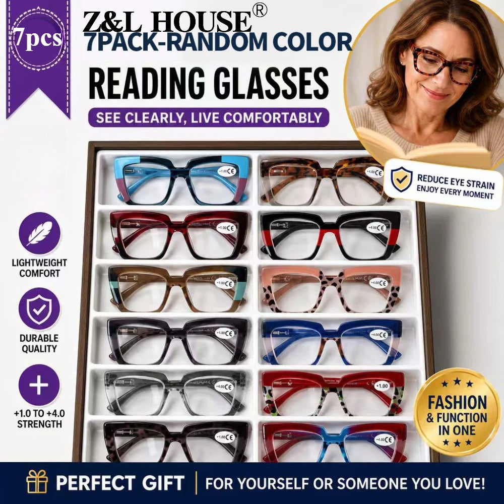 Random Color 7 Pack Reading Glasses Flexible Frame Comfort Eyeglasses Classic Readers for Women Men Everyday Life