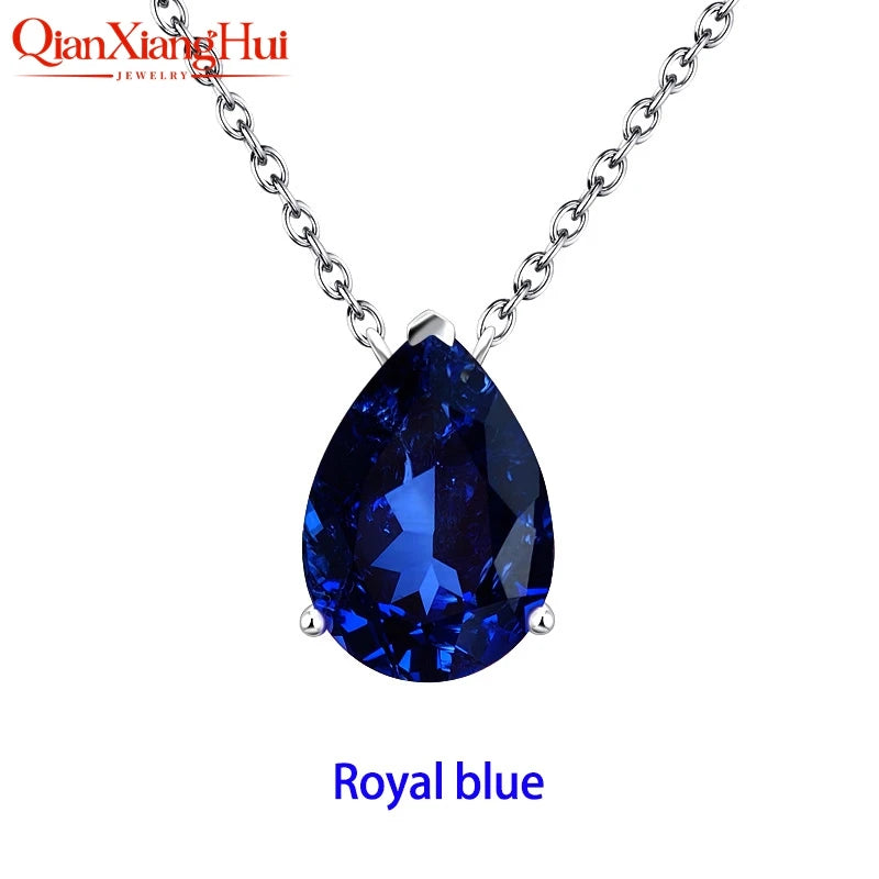 925 Silver Pear Shape 7ct 10x14mm Royal Blue/Cornflower Blue Lab Grown Created Sapphire Inclusions Stone Jewelry Pendant Necklac