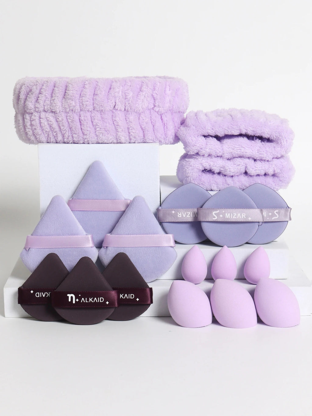 18 Piece Headband Set. 1 Hair Band & 2 Wrist Bands & 3 Make-Up Sponges & 3 Mini Square Air Cushions & 3 Triangular Powder Puff &