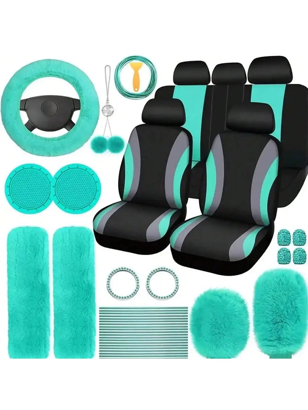 35-Piece Car Seat Cover Set With Steering Wheel Cover, Cup Holder Coasters, Shoulder Pads, And Accessories - Polyester Fabric Interior Decor Kit Without Filler,Purple