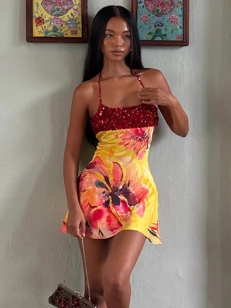 Sisterlinda Backless Dress Women Trend Floral Print Halter Sequin Patchwork Bandages Sleeveless Stretch Sexy Vacation Bodycon