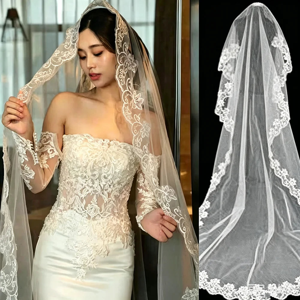 Long White Wedding Veil Elegant Floral Lace Edge Bridal Veils White Wedding Veil Bridal Hair Accessory for Bride Wedding Party