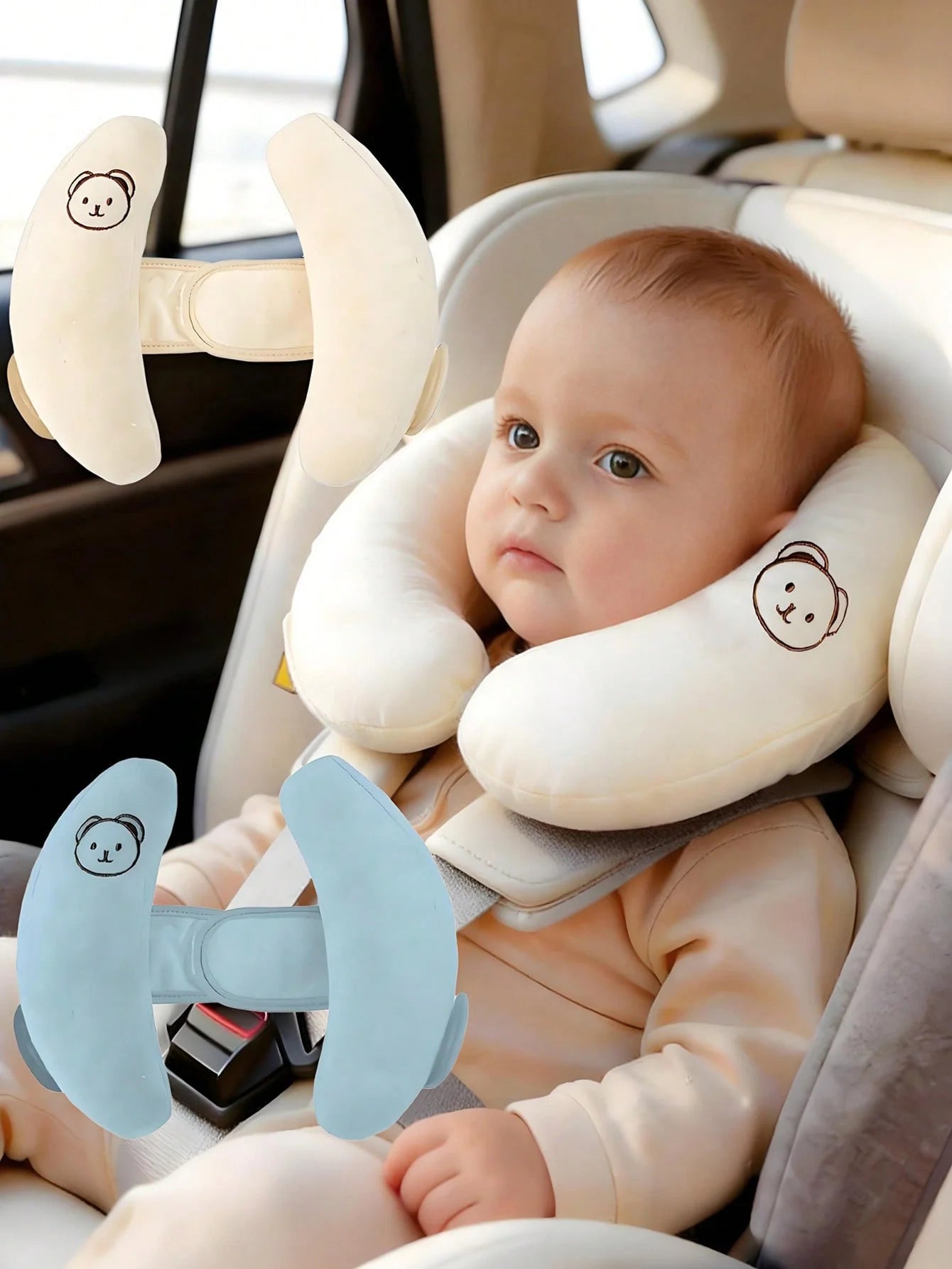 1Pc Car Seat Headrest Pillow. Baby H-Shaped Neck Pillow, Soft and Fluffy Head Support, Adjustable Velcro Design, Suitable for Car Seats, a Must-Have Item for Baby Strollers