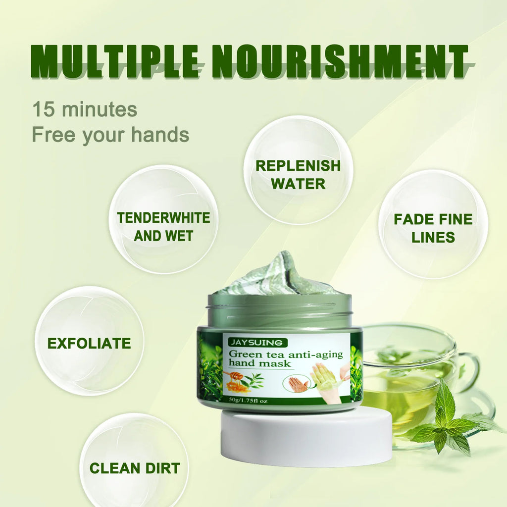 Jaysuing Green Tea Hand Mask Anti-Wri-nkle Moisturizing Wh-itening Repair Exfoliating Callus Film Nourish Hand Skin Care Cream