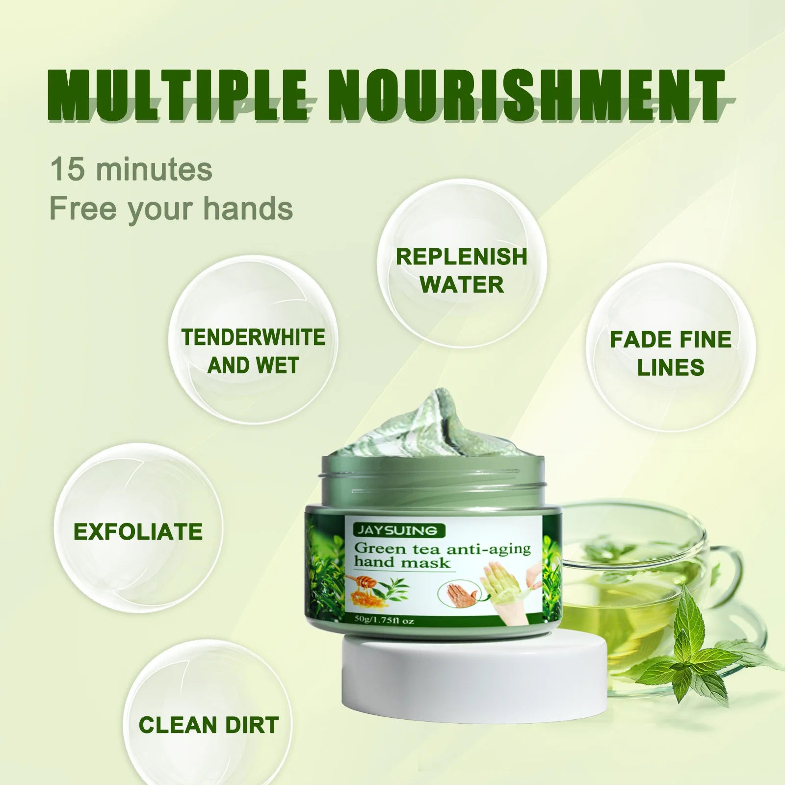 Jaysuing Green Tea Hand Mask Anti-Wri-nkle Moisturizing Wh-itening Repair Exfoliating Callus Film Nourish Hand Skin Care Cream