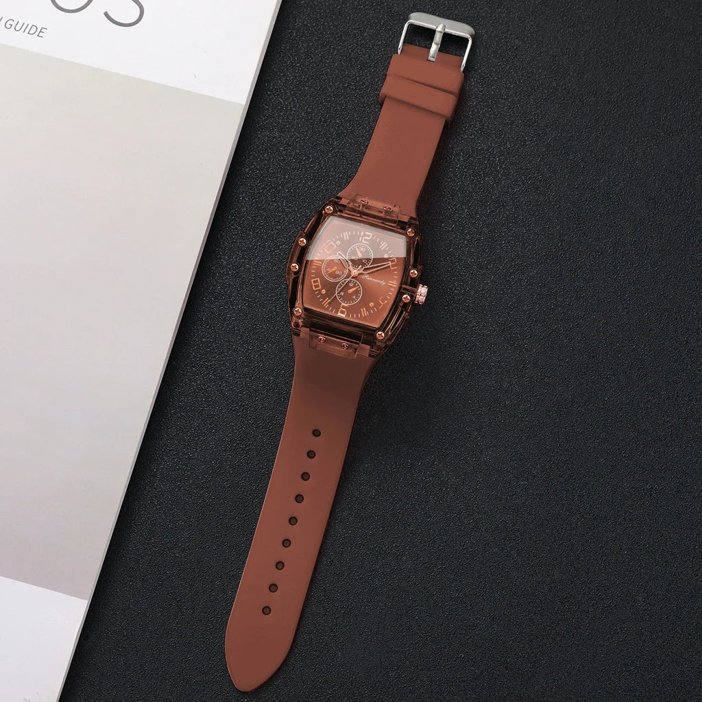 Stylish Women Quartz Watch Brown Silicone Strap Tonneau Dial Students Sports Wristwatches Relogio Feminino（Without Box）