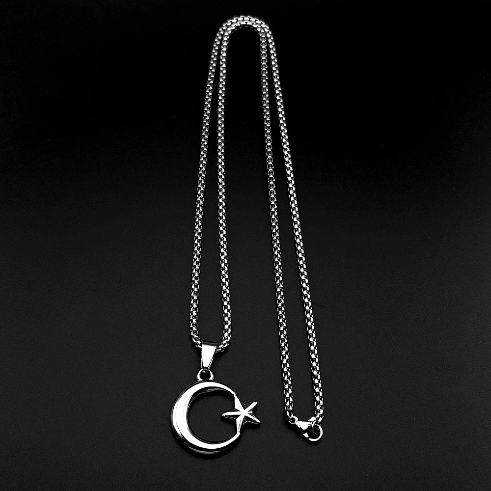 Muslim Islam Crescent Moon Star Stainless Steel Chain Necklaces for Women Men Gold Plated Pendant Necklace Amulet Jewelry Gift