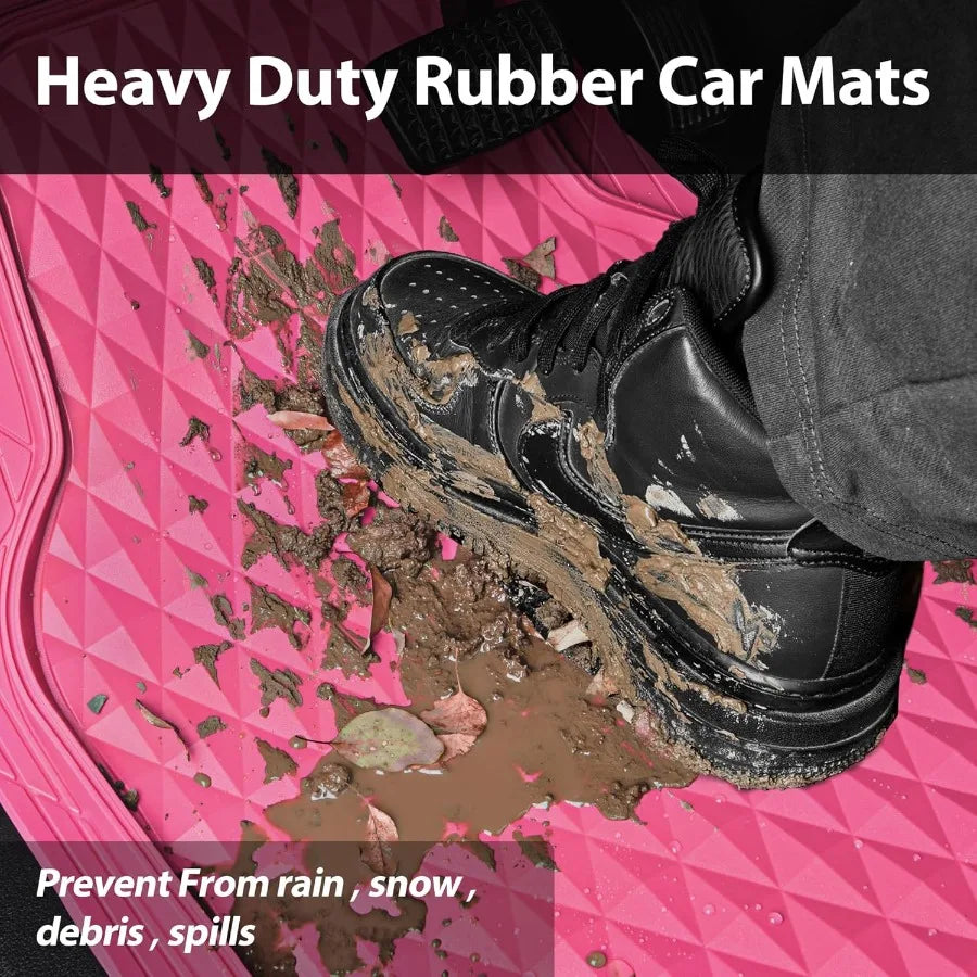 Heavy Duty Rubber Pink Car Floor Mats Deep Dish AllWeather Full Set Durable AntiSlip 3D Rhombus Waterproof Trim to Fit Liner Un