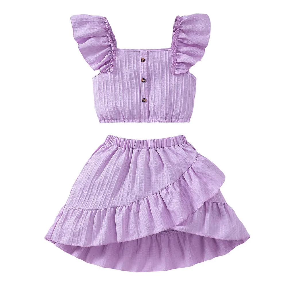 Kid Girls Summer Princess Clothing Set Flutter Sleeve Plain Color Tops+Short Skirt Sweet Style Party Wear For Child 8-12 Years