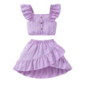 Kid Girls Summer Princess Clothing Set Flutter Sleeve Plain Color Tops+Short Skirt Sweet Style Party Wear For Child 8-12 Years