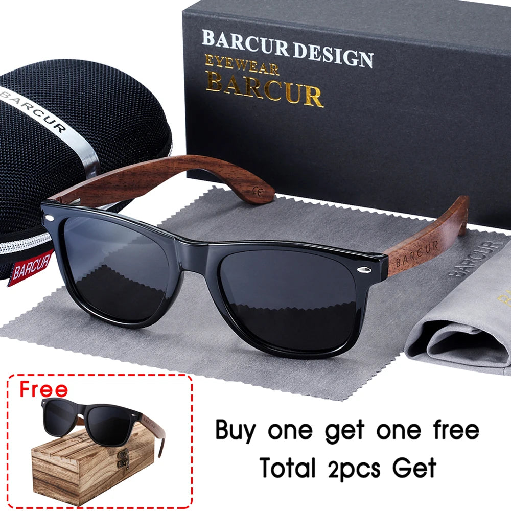 BARCUR Black Walnut Wood Sunglasses for Man Polarized High Quality Sqare Sun Glasses Men UV400 Eyewear Accessory Original Box