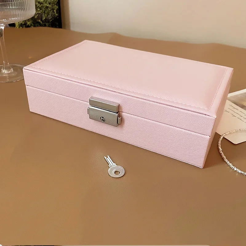 Large Square Jewelry Box Solid Color Leather Lock Boxes Earrings Necklace Bracelet Storage Display Boxes Travel Portable N