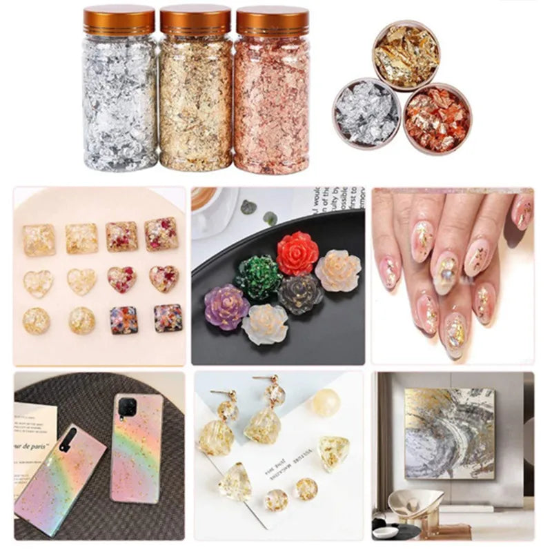 Golden Silvery Foil Decorative Paper Resin Mold Fillings Resin Jewelry Making Metallic Foil Flakes For Nail Art, Painting, Craft