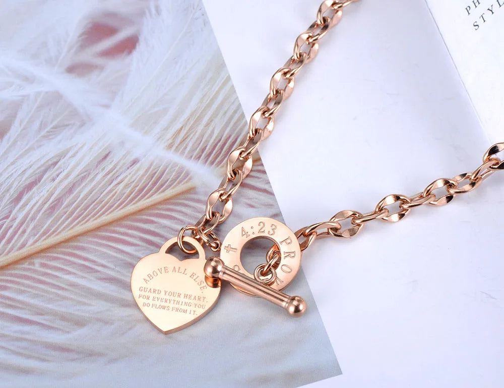 Lokaer Titanium Stainless Steel Heart Charm Pendant Necklaces Jewelry Classic Love Bible Proverbs 4:23 O-Chain Necklace N19085
