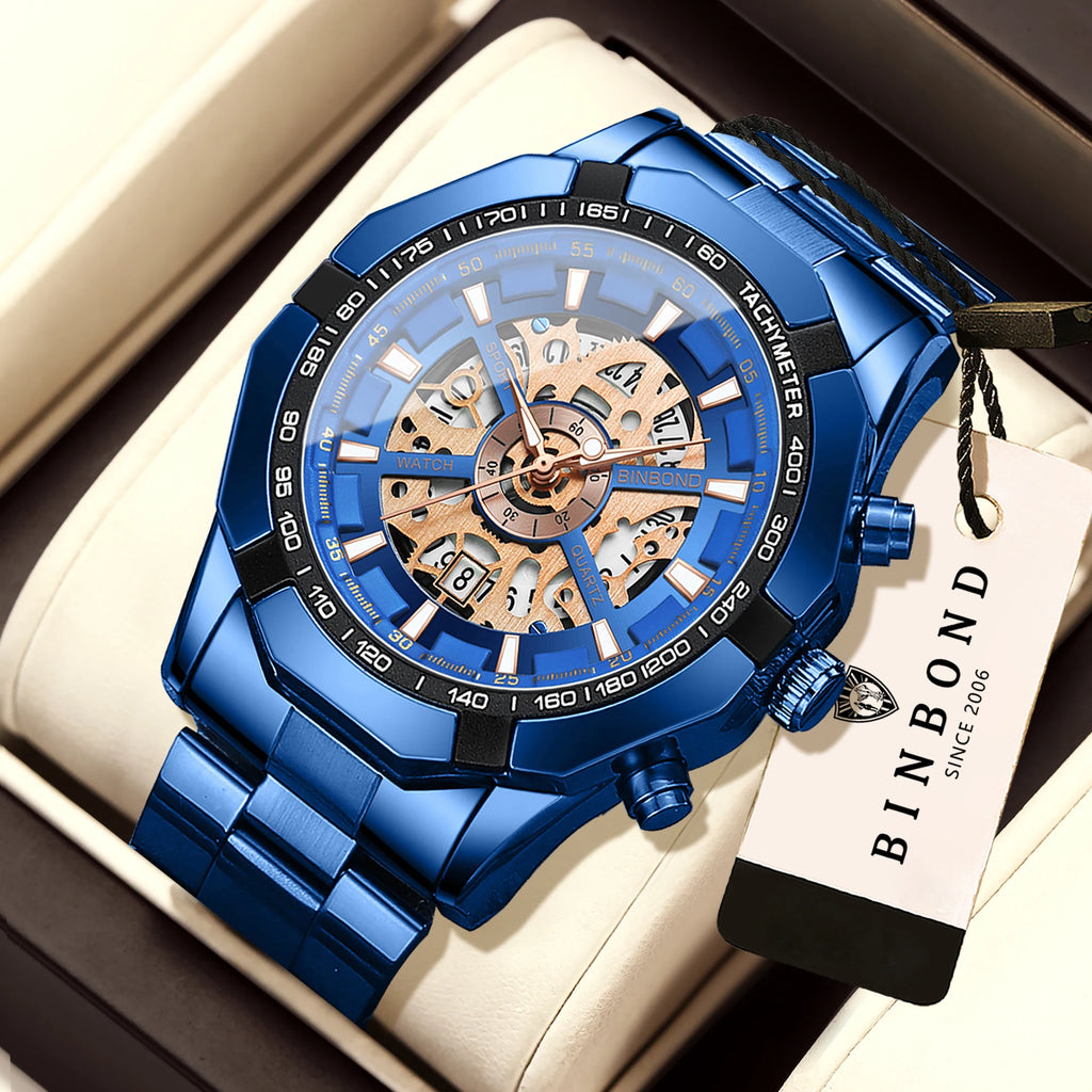 BINBOND Luxury hollow-out quartz wristwatch for men luminous waterproof chronograph men's watch business sport fashion reloj