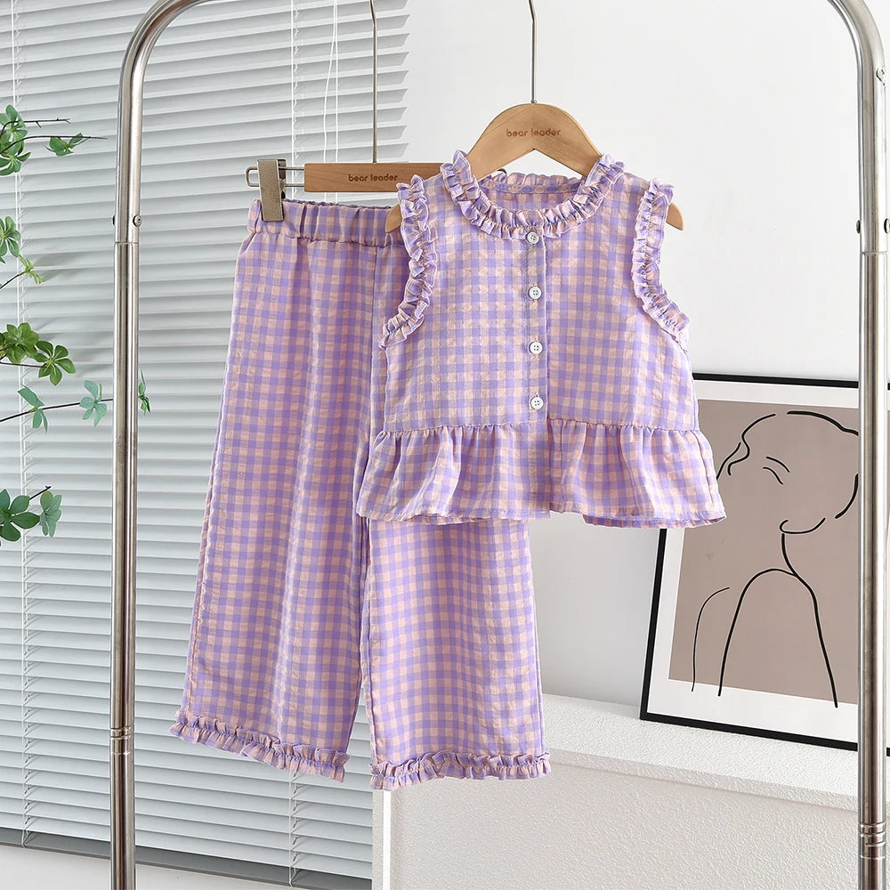 Blue and White Grid Fresh Casual Girls' Clothing Lace Sleeveless Single Breasted Vest+wide Leg Pants Two-piece Set for Summer
