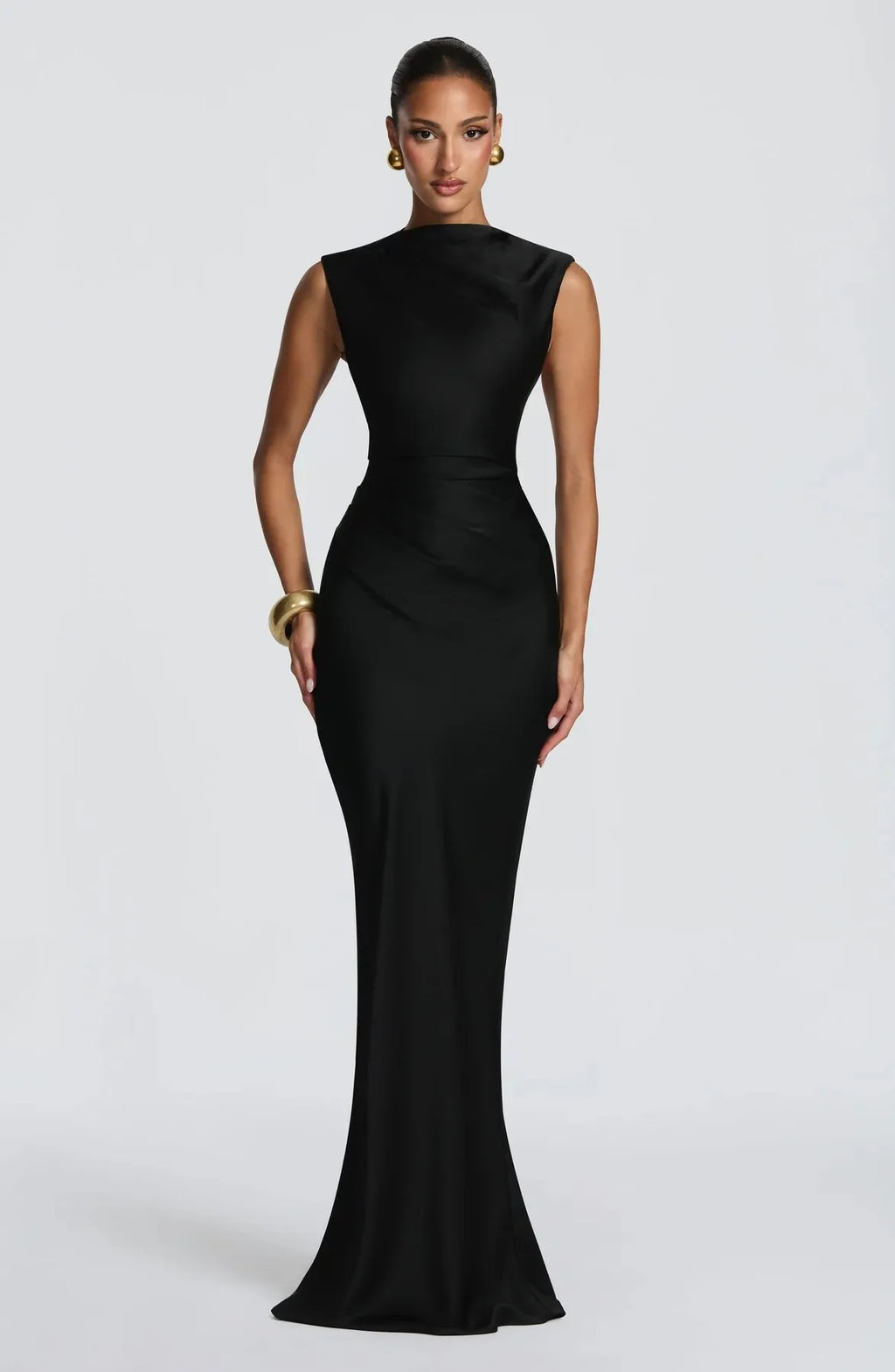 Ruched Waist Satin Long Dress Solid Bodycon Sleeveless Cowl Neck Fishtail Women Dresses 2026 Summer Lady Formal Evening Gowns