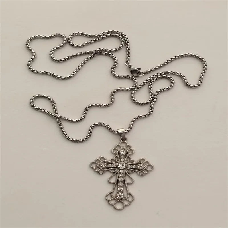 Vintage Cross Pendant Necklace Unisex Versatile Simple Long Sweater Chain Hip Hop Accessory